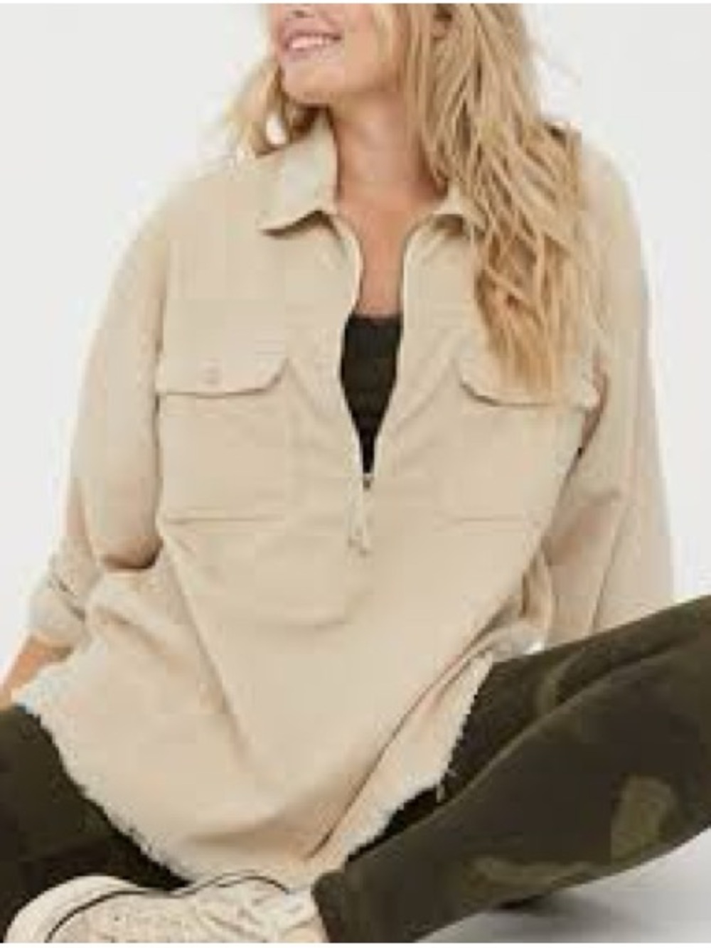 OFFLINE by Aerie Corduroy Quarter Zip Shacket Oversized Pullover Tan Size M